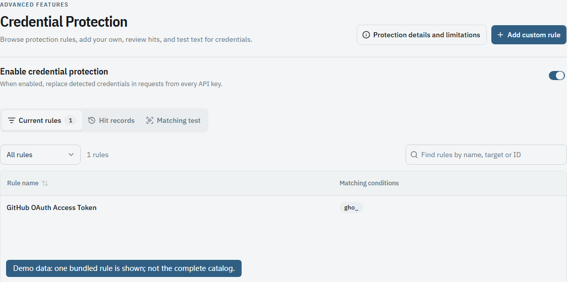 Review credential-protection status, detection rules, and limits.