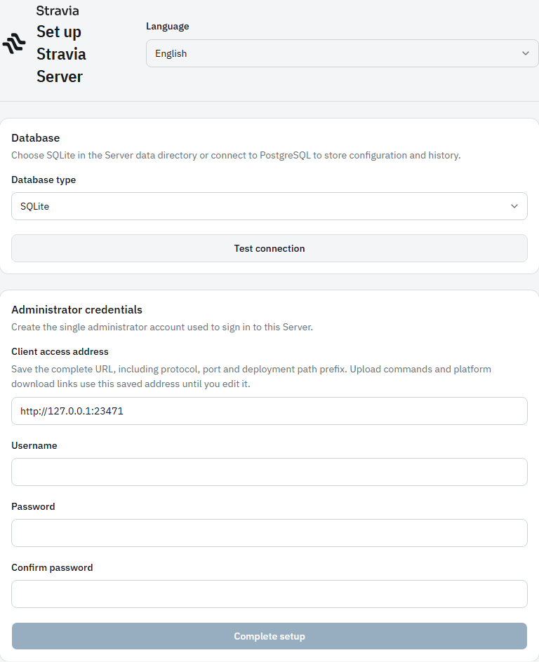Server first setup authorizes setup, tests the database and creates an administrator.