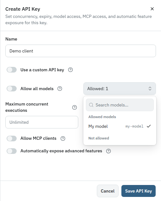 Create a client API key and choose which models it may access.