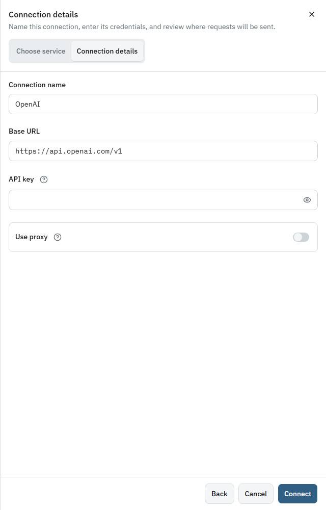 Choose a model service and enter its connection details before saving it.