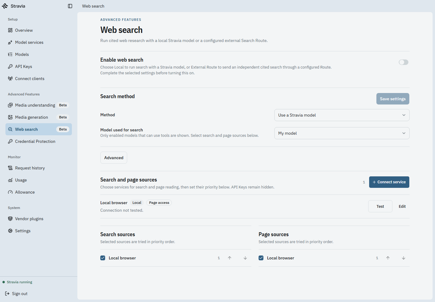 Web Search has separate local-agent and external-route configuration paths.